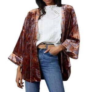 Anthropologie Esme Velvet Velour Kimono Jacket Copper Orange Purple Floral XS